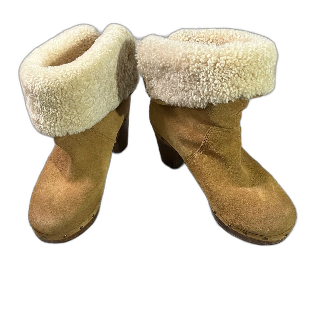 Ugg Lynnea Foldover Tan Suede Shearling Lined Heeled Boots Size 8